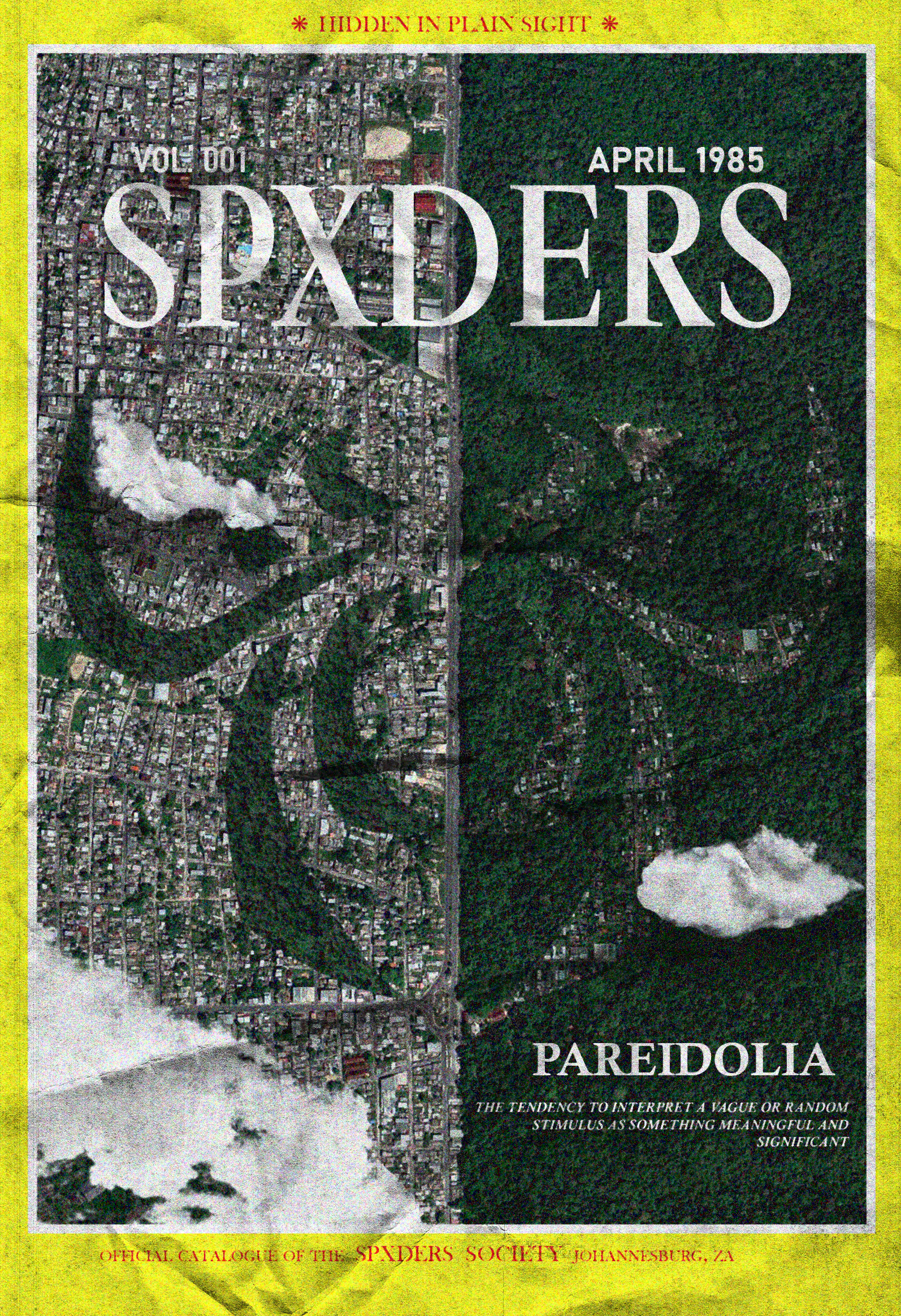 A National Geographic style magazine cover with the title Spxders. It features an aerial photograph of Manaus with the silhuoette of a spider. 